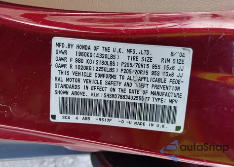 2004 Honda Cr-V Ex z USA, uszkodzony, nr VIN SHSRD78834U255577